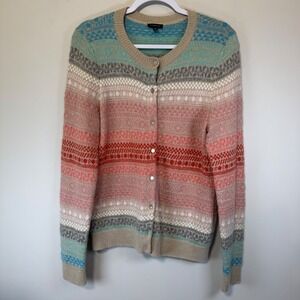 Talbots Fair Isle Cardigan Women Medium Pink Teal Button Front Good Mohair Blend